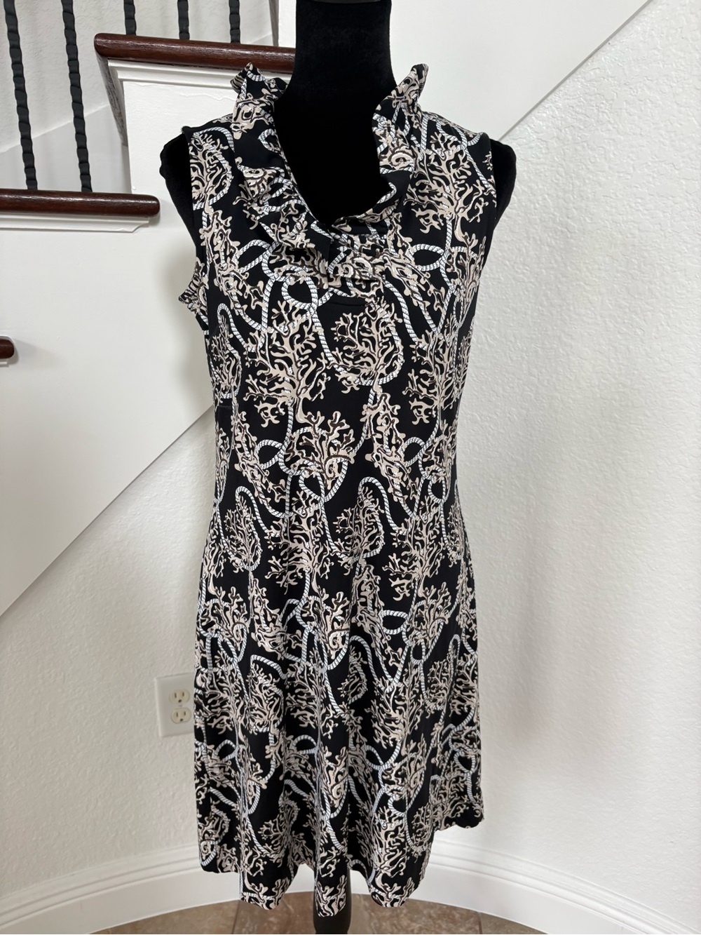 Lulu-B Black & Cream Paisley Ruffle Neck Midi Dress